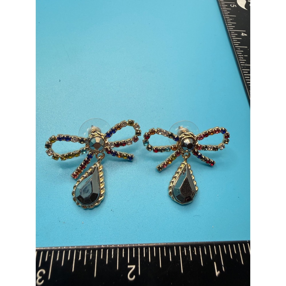 Gold Tone Multi Color Rhinestone Bow Teardrop Dangle Post Earrings Vintage Style